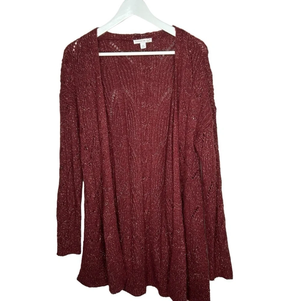 Westport Women’s Maroon Gold Shimmer Sweater Cardigan Open Front Medium